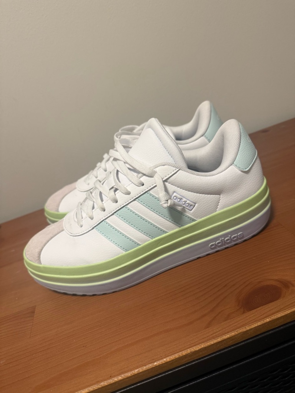 adidas White Sneakers with baby blue Stripes and Lime Green Midsole